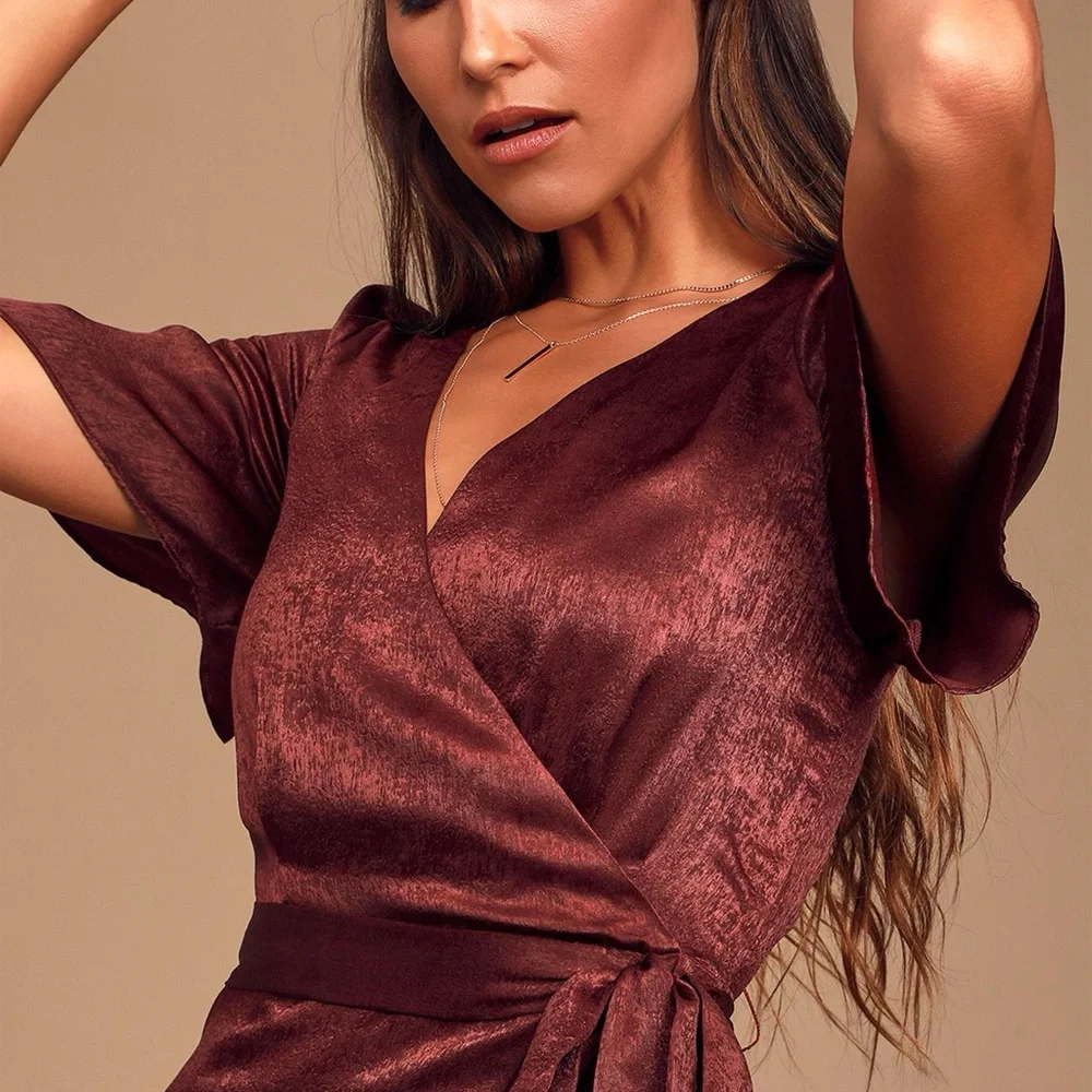 NWT Lulus Burgundy Satin Faux-Wrap Midi Dress - Picture 3 of 10